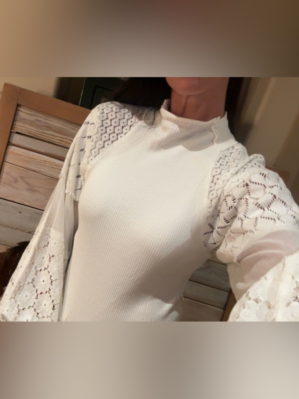 Free People Ivory Ribbed and Lace Long Sleeve